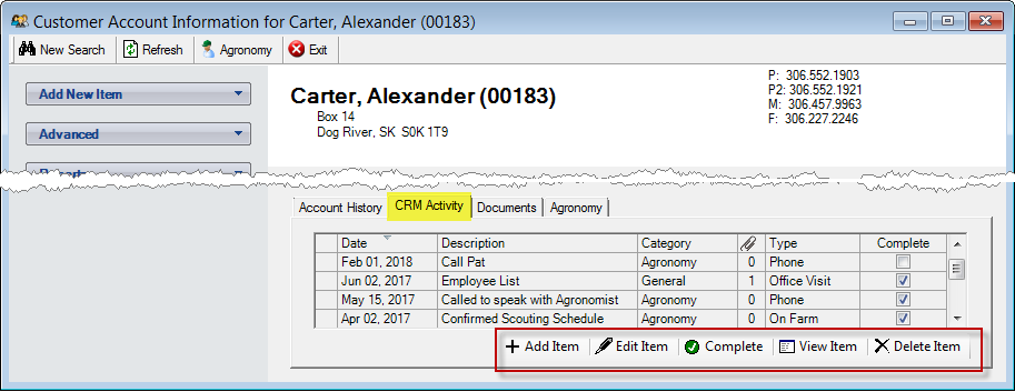 screen shot of the customer account CRM Activity tab