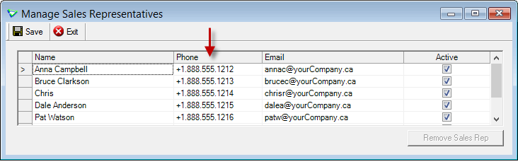 screenshot of Manage Sales Reps