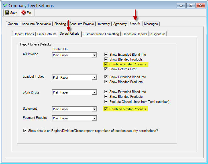 Company Config Options: Reports: Default Criteria