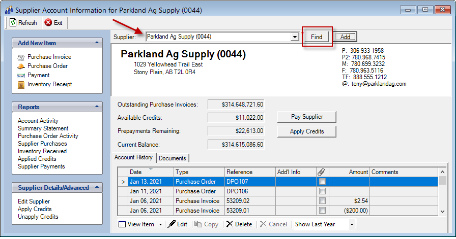 screenshot: Supplier Account with Drop Down