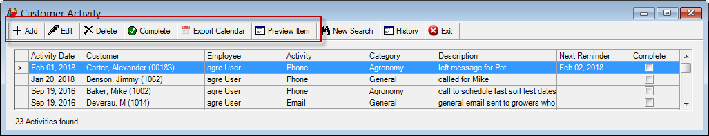 screen shot of the customer activity home form