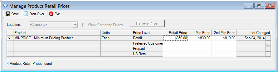 grid of product pricing